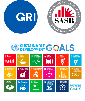 GRIのサステナビリティ・レポーティング・スタンダード、SASBのサステナビリティ会計基準、ISO26000、持続可能な社会に向けた世界共通のゴールであるSDGs (持続可能な開発目標) のロゴ